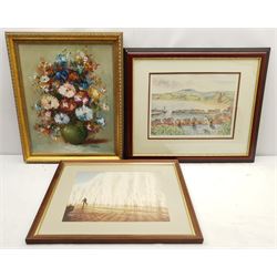 Still Life of Flowers, oil on canvas signed, Alan Stuttle print of Scarborough and a photographic print (3)