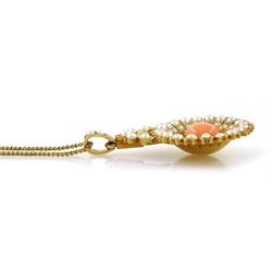 Gold coral and split pearl flower pendant, on 22ct gold chain link necklace