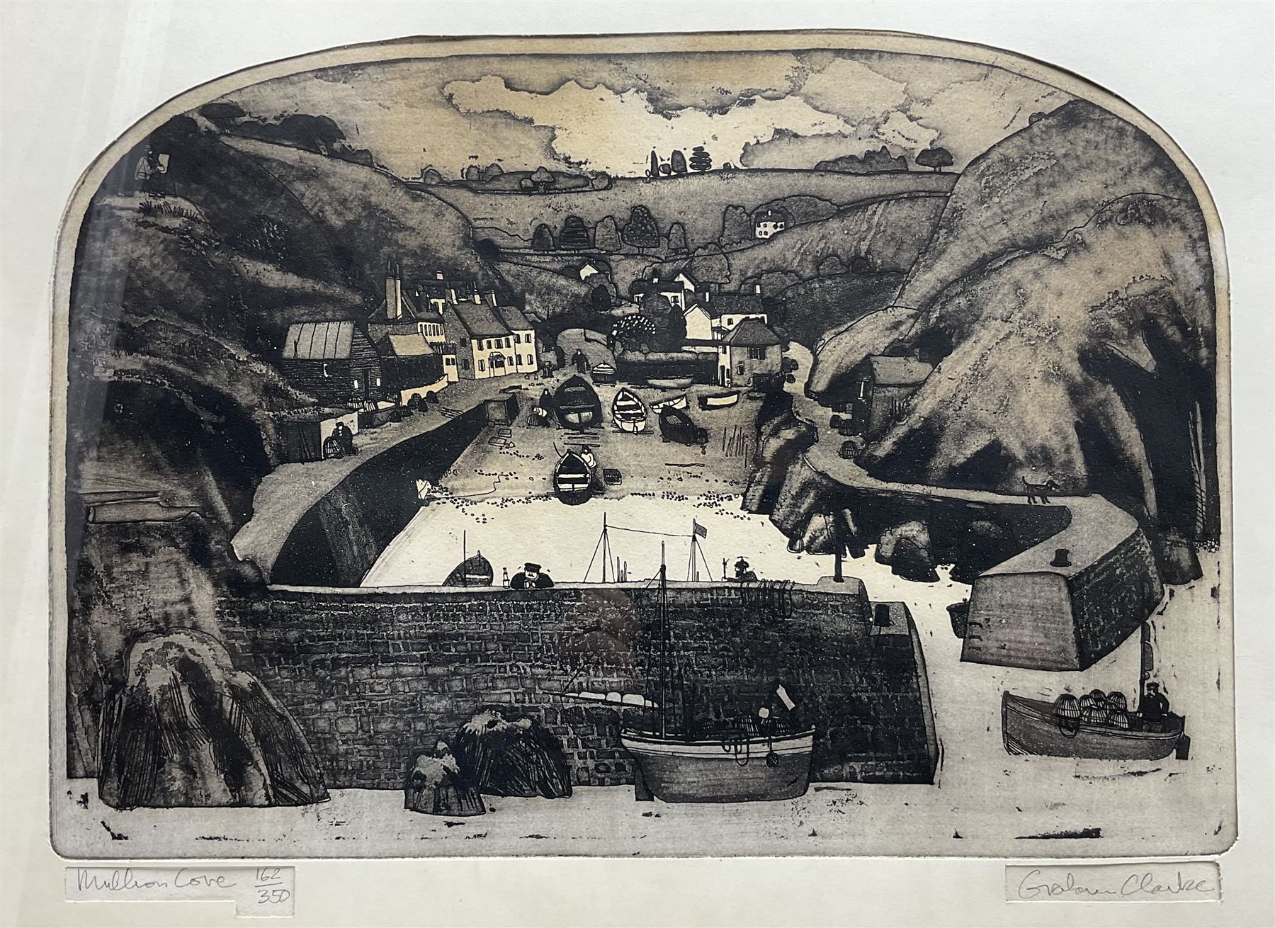 Graham Clarke (British 1941 - ): 'Mullion Cove', limited edition monochrome etching signed titled and numbered 162/350 in pencil image 28cm x 41cm