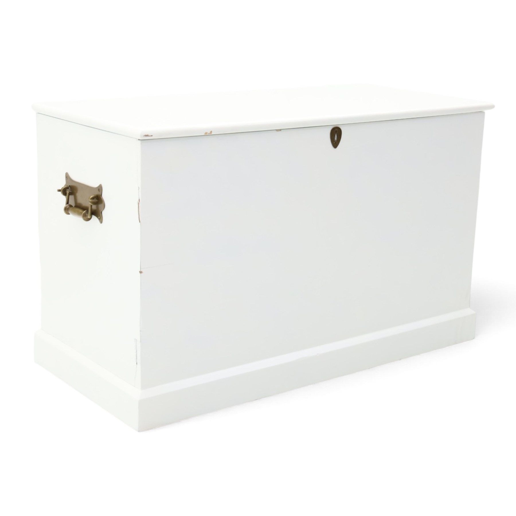 And So To Bed - Victorian style white painted blanked chest with twin brass carrying handles, on plinth base