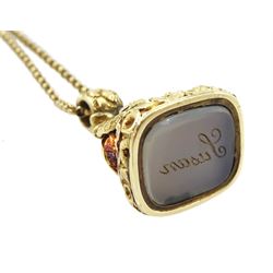 19th century 14ct gold agate seal fob, the seal engraved, the mount with foliate and shell decoration, engraved with name 'Susan', on 9ct gold belcher link chain necklace