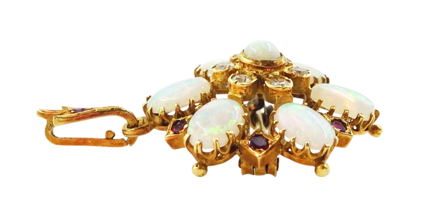 18ct gold opal, single cut diamond and ruby pendant / brooch