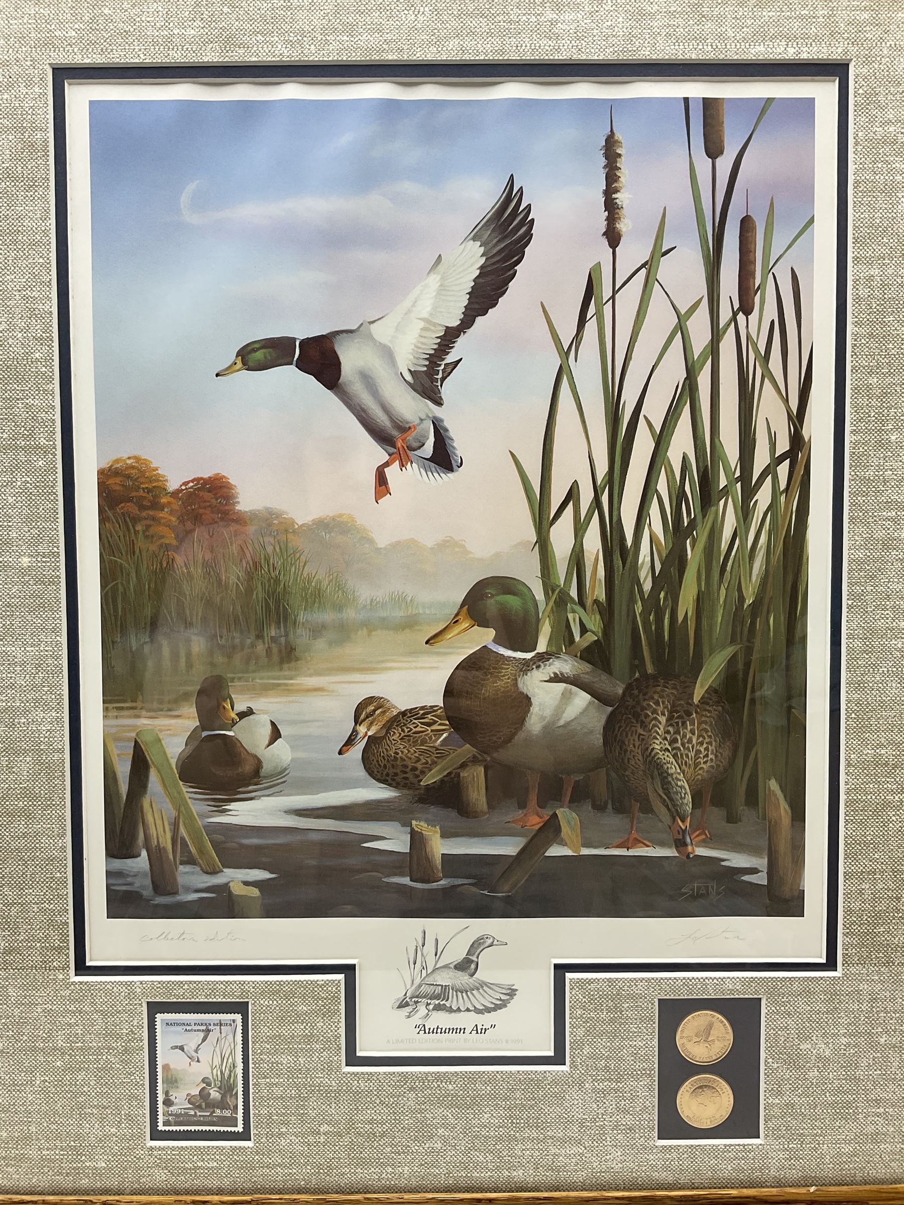 Five limited edition framed coloured prints of shooting interest comprising after C. Stanley Todd game birds taking flight in a mountainous lake landscape no.348/600; after J.C. Harrison game birds in flight over fields no.285/500; after Alan B. Hayman  'A Right and Left?' no.398/850; after Andy Beck 'Pheasant Drive' no.56/350; and after Leo Stans 'Autumn Air'; all signed on the mount; various frames (5)