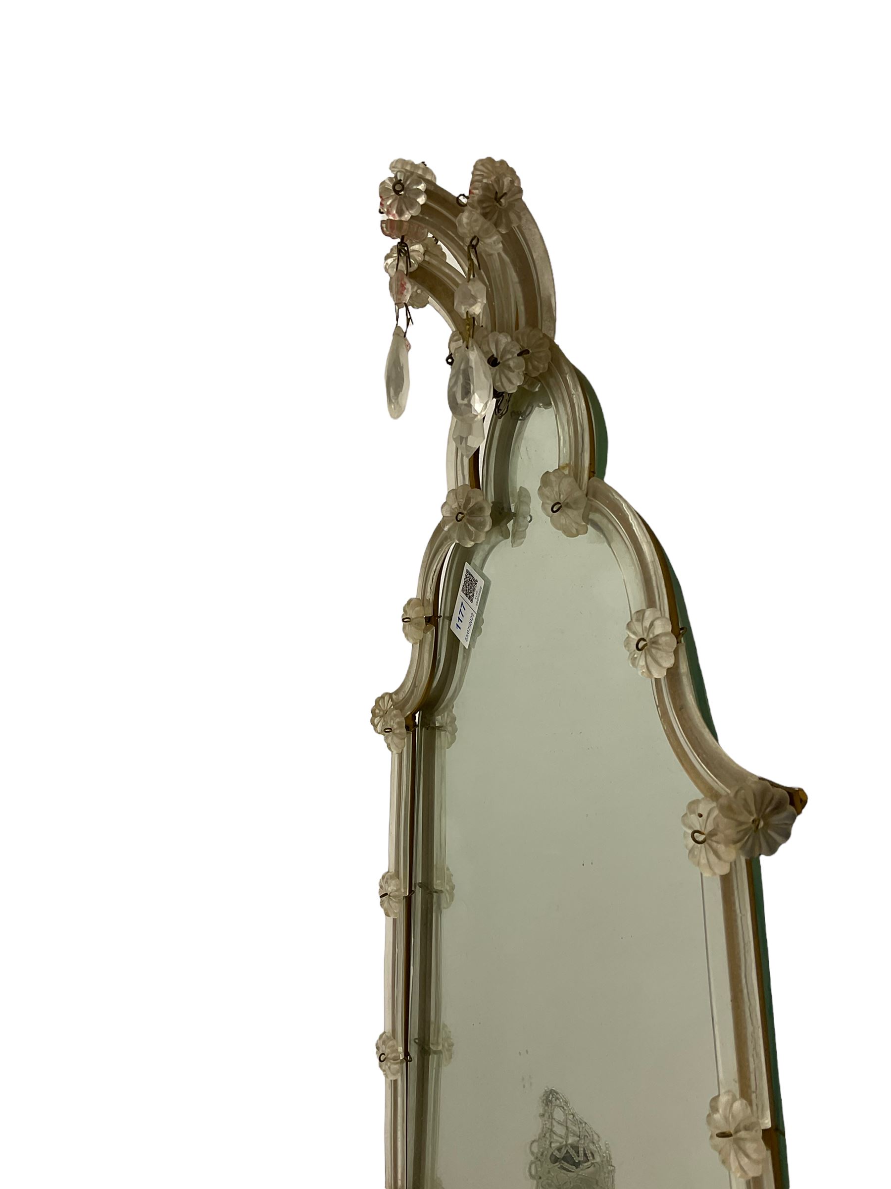 Mid to late 20th century Venetian style glass girandole or mirror, shaped frame and decorated with glass droplets, triple branch electroliers 