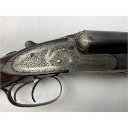 Smith Midgley Bradford 12-bore side-by-side double barrel side-lock ejector shotgun with 71cm barrels, engraved action with patented top lever, ivy leaf fences and top safety, walnut stock with chequered grip and fore-end, serial no.62409 to barrels and 1481 to action, L115cm overall SHOTGUN CERTIFICATE REQUIRED