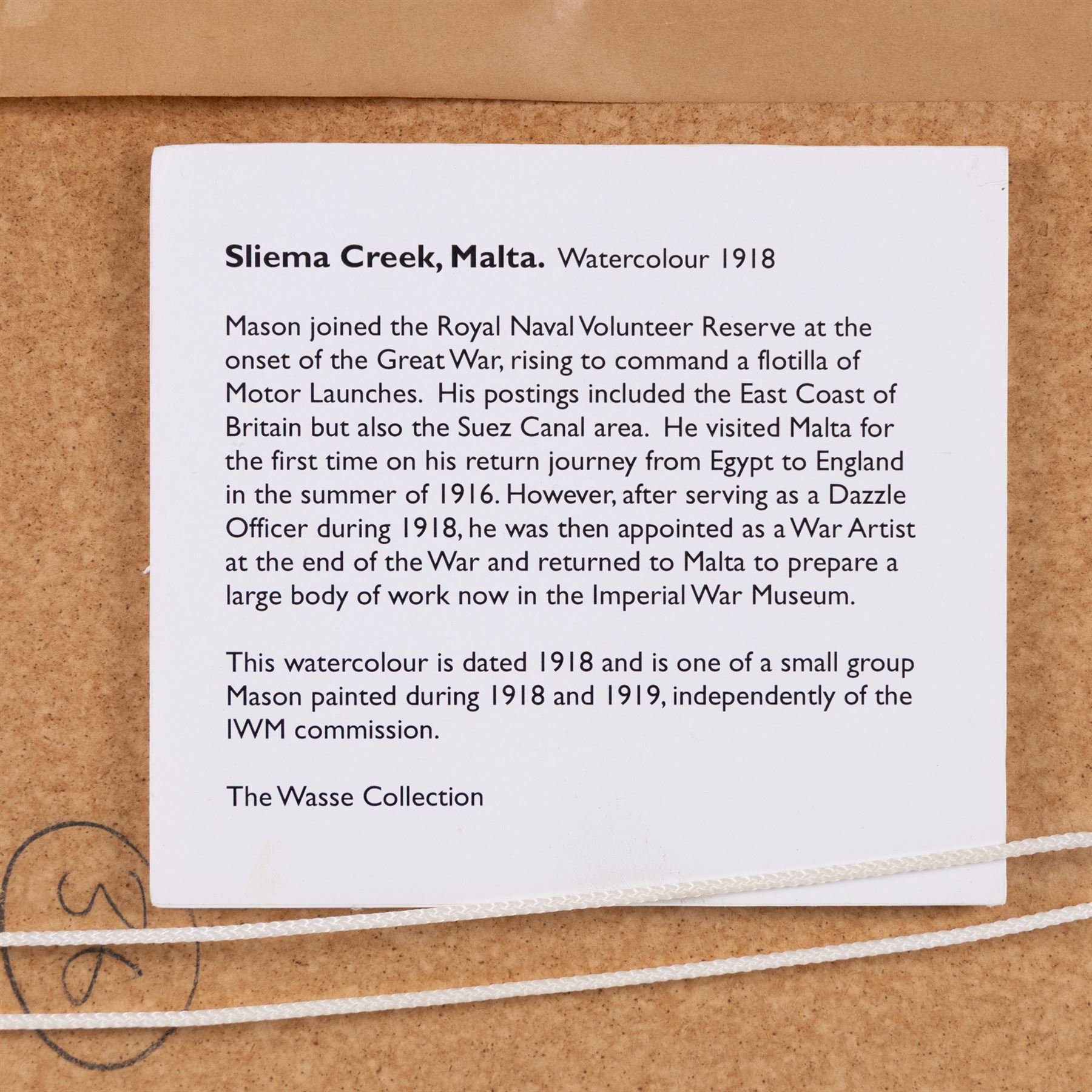 Frank Henry Mason (Staithes Group 1875-1965): 'Sliema Creek - Malta', watercolour signed titled and dated 1918, further titled on exhibition label verso 22cm x 49cm 
Notes: Mason joined the Royal Naval Volunteer Reserve at the onset of the Great War, rising to command a flotilla of Motor Launches. His postings included the East Coast of Britain but also the Suez Canal area. He visited Malta for the first time on his return journey from Egypt to England in the summer of 1916. After serving as a Dazzle Officer during 1918, he was then appointed as a War Artist at the end of the War and returned to Malta to prepare a large body of work now in the Imperial War Museum. This watercolour is dated 1918 and is one of a small group Mason painted during 1918 and 1919, independently of the IWM commission.