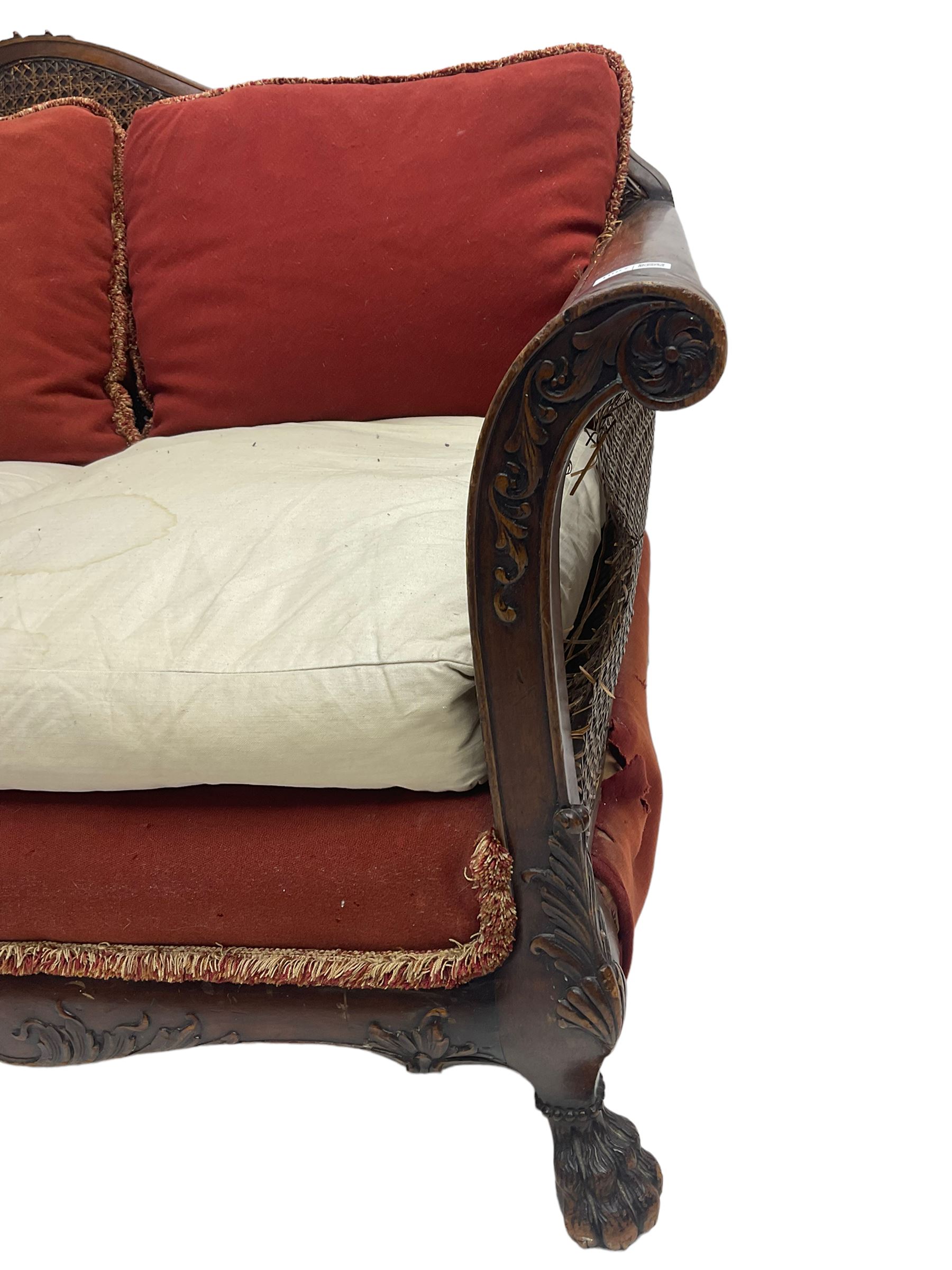 Early 20th century bergère three seat settee, shaped shell carved cresting rail, double caned back and sides, scrolled upright arms and shaped apron carved with shell and foliage, on hairy paw carved feet