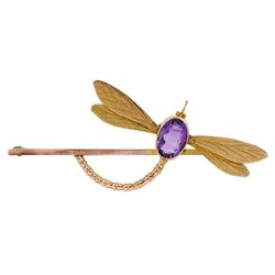  Early 20th century rose gold amethyst dragonfly brooch, stamped 9ct