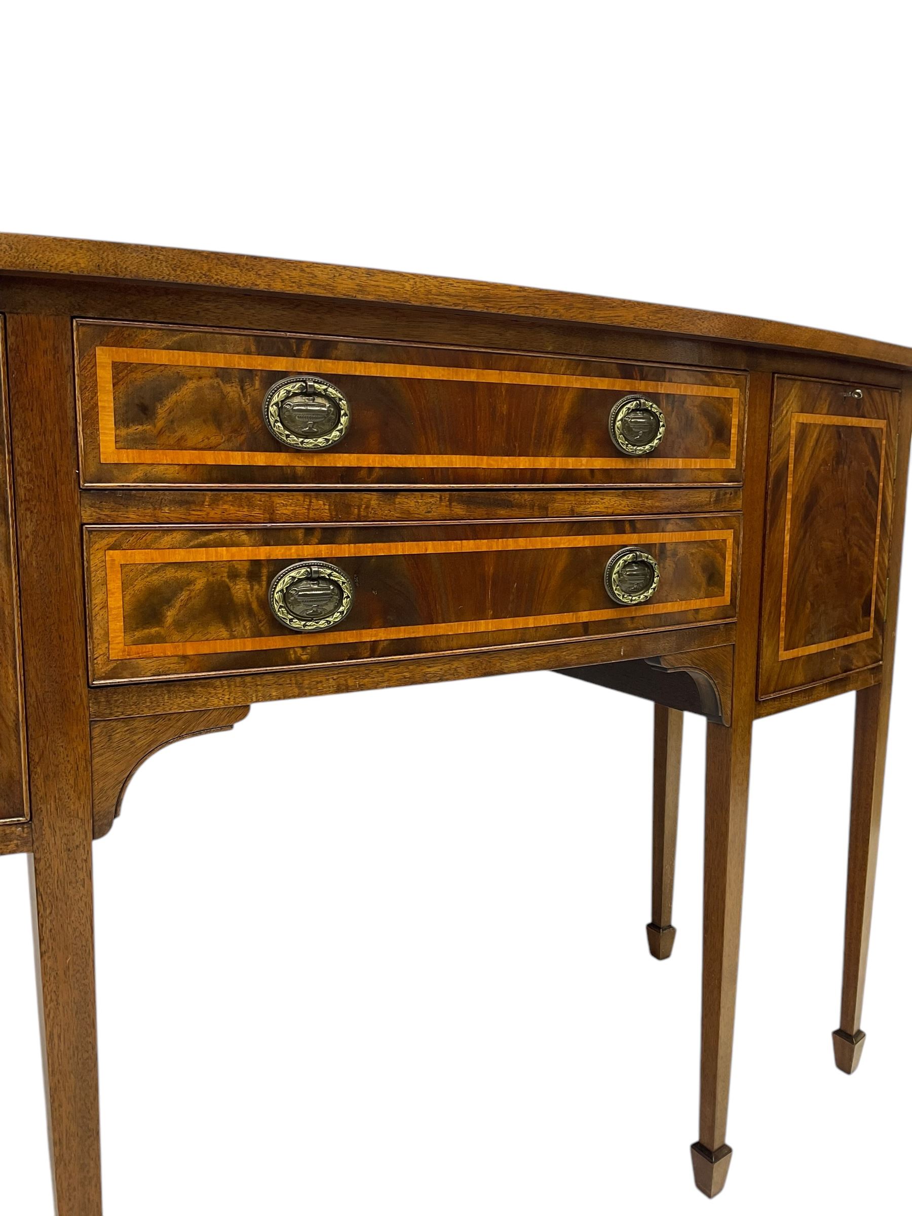 Georgian design mahogany and satinwood banded bow-front sideboard, fitted with two drawers and flanking cupboards, on square tapering supports with spade feet 