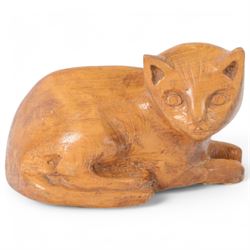 Naive Folk Art carved wooden figure of a recumbent cat, H13cm, L19cm
