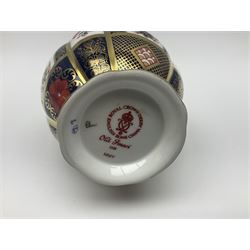 Royal Crown Derby Old Imari pattern vase, together with matching lighter and trinket box, all with printed marks beneath, vase H18cm