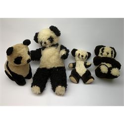 Seven English panda bears 1950s-60s including Farnell with fixed head and limbs, glass type eyes and vertically stitched nose and mouth H18