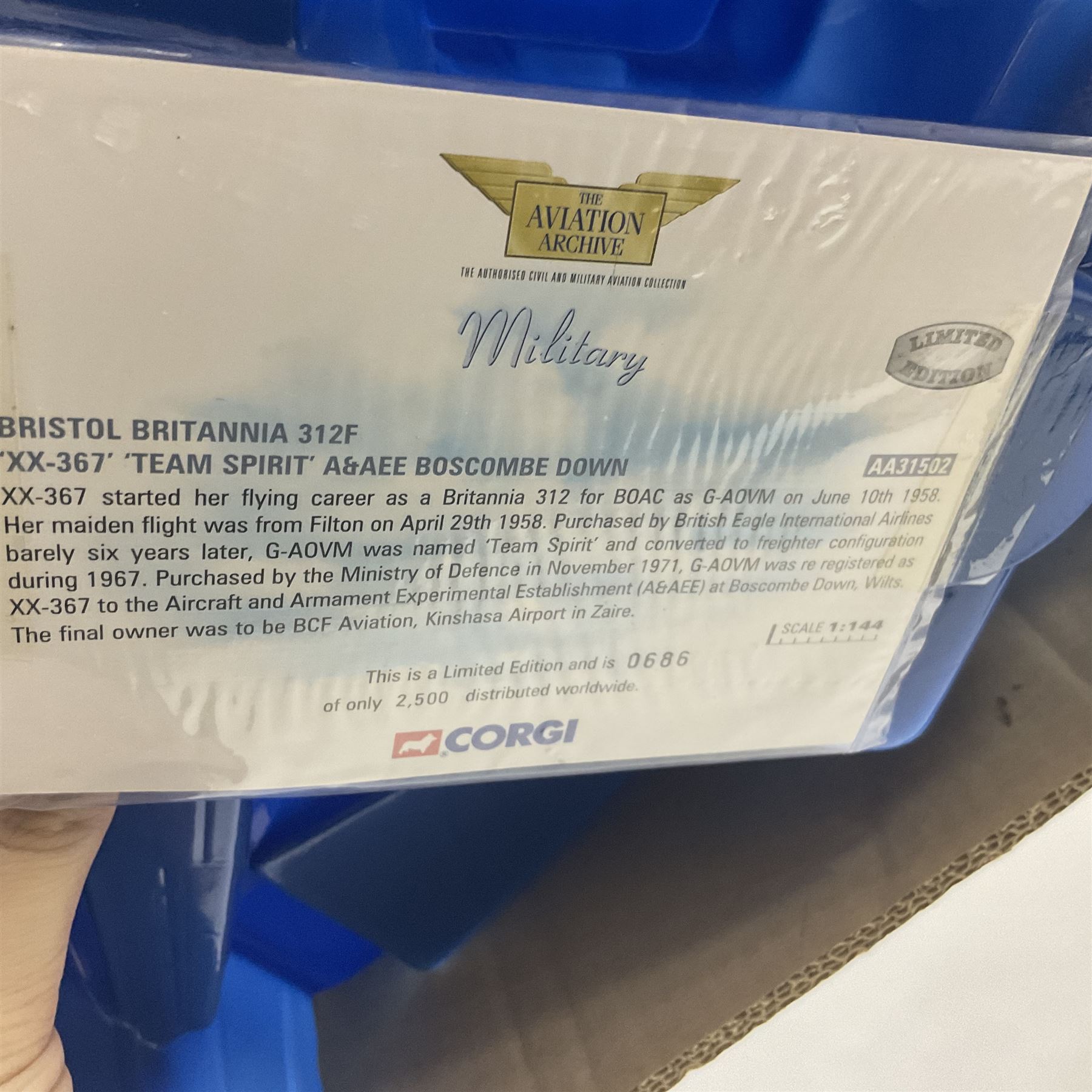 Corgi - Aviation Archive, eight models comprising three ‘Military’ and five ‘Berlin Airlift’ 1:144 scale models, to include limited editions AA31502 Bristol Britannia 312F ‘XX-367’ ‘Team Spirit’ A&AEE Boscombe Down no.686/2500; 48104 Boeing C-97A Stratofreighter Military Air Transport Services no.2815/4000; 47205 Avro York - RAF; 47403 Avro Lancastrian; all boxed (8)