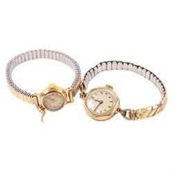 Veroni ladies 18ct gold manual wind wristwatch, stamped 750, on expanding gold-plated expa...