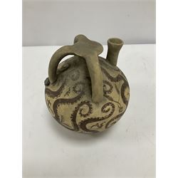 Reproduction Ancient Greek vessel in the style of Crete Minoan period, decorated with marine style ocotopi, with three handles and spout, signed beneath, H20cm