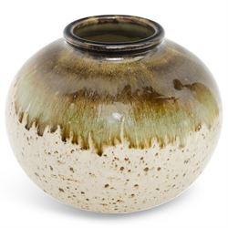 Barbara Cass (1921-1992) for Arden pottery; two studio pottery stoneware vases, one of slender tapered form the other of globular form, in dark green and cream glaze with speckled decoration, impressed marks to bases, tallest H39cm (2)