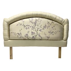  5' Kingsize headboard with stepped arch cresting, upholstered in cream silk with raised stitching decorated with trailing foliage branches and birds; matching bedspread (251cm x 218cm); two matching cushions  