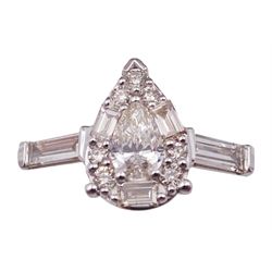 White gold pear shaped diamond cluster ring, with baguette diamond shoulders, hallmarked 9ct, total diamond weight 0.90 carat