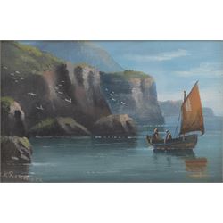 Edward King Redmore (British 1860-1941): Two Boat Scenes with Headlands, two oils on board, together with two further scenes of boats, max 17cm x 18.5cm (4) (one unframed)