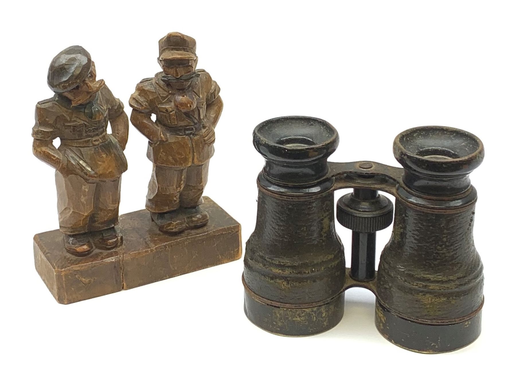 Caricature wooden carving of two WW2 British officers, inscribed under the base 'Venice March 1946' H13cm; and unmarked pair of binoculars (2)