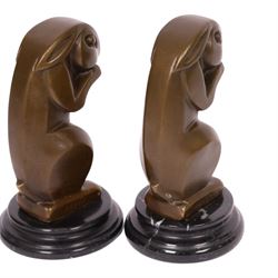 After André Bizette-Lindet - pair of Art Deco style bronze rabbits of graduating size, bearing signature and foundry stamp, largest H17cm