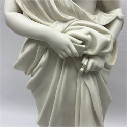 19th century Copeland Parian Ware figure, after R Monti, modelled as Lady Godiva, upon a circular titled plinth, signed and dated verso R Monti 1870, impressed to base Copyright Reserved Copeland, overall H22cm