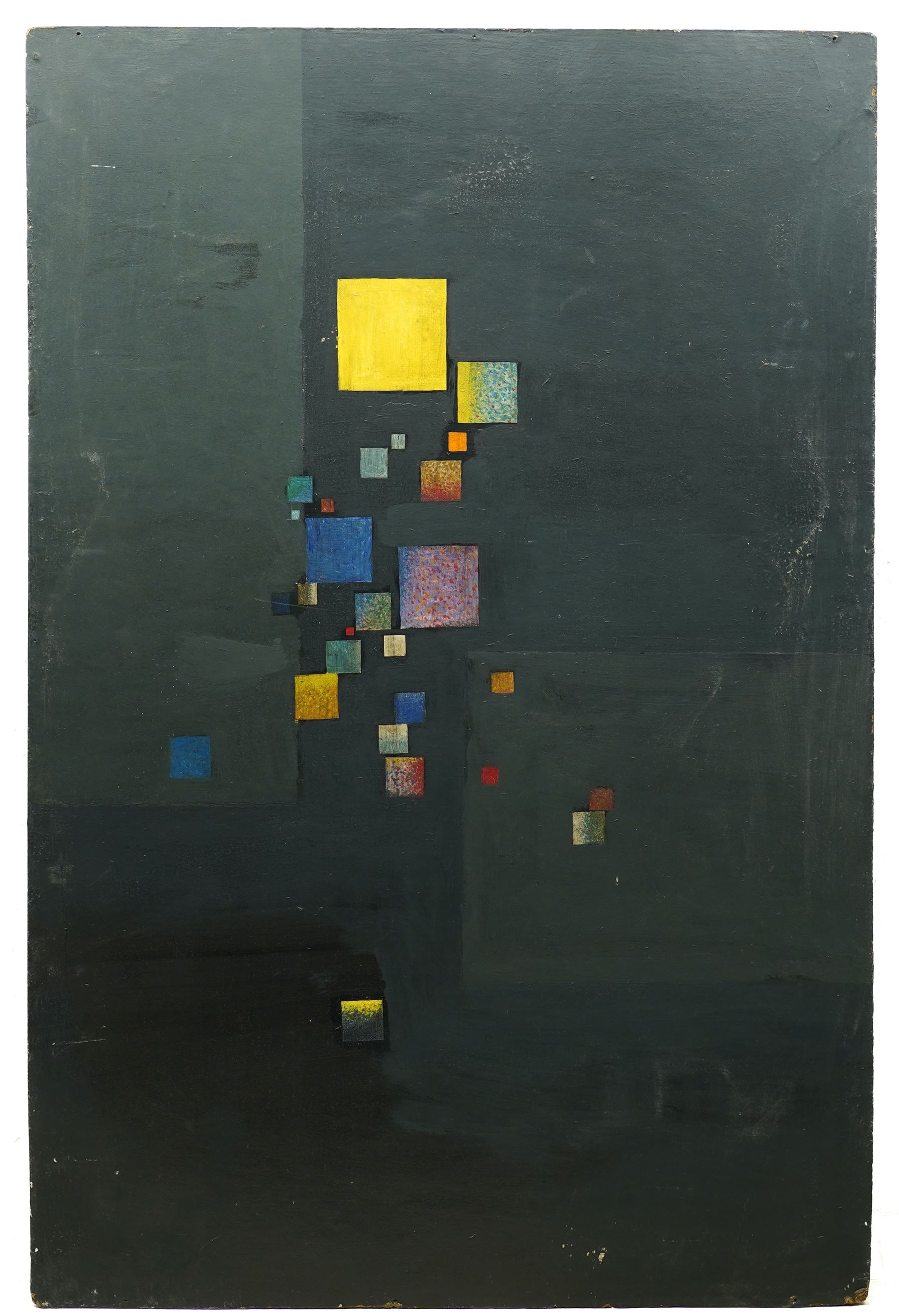 Cyril Hamersma (British 1919-1994): Geometric Cubist Abstract on Black Ground, rectangular oil on board apparently unsigned 60cm x 91cm (unframed)