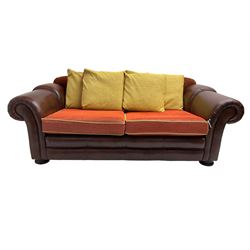Gainsborough Lounge Suites - three piece leather and fabric lounge suite - pair two seat sofas (W225cm, H82cm, D105cm), and matching armchair (W88cm), on turned front feet with scatter cushions