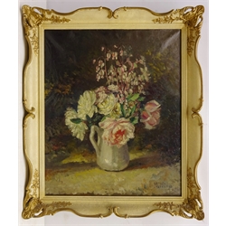  Still Life of Roses in a Jug, 20th century oil on canvas signed Urduna Castelland 44.5cm x 36.5cm  