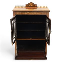 Druce & Co - Edwardian inlaid cabinet, galleried topwith inlay and brass galleried top, inlaid frieze above twin bevel glazed doors revealing a shelved interior, the lower section with fall front cupboard