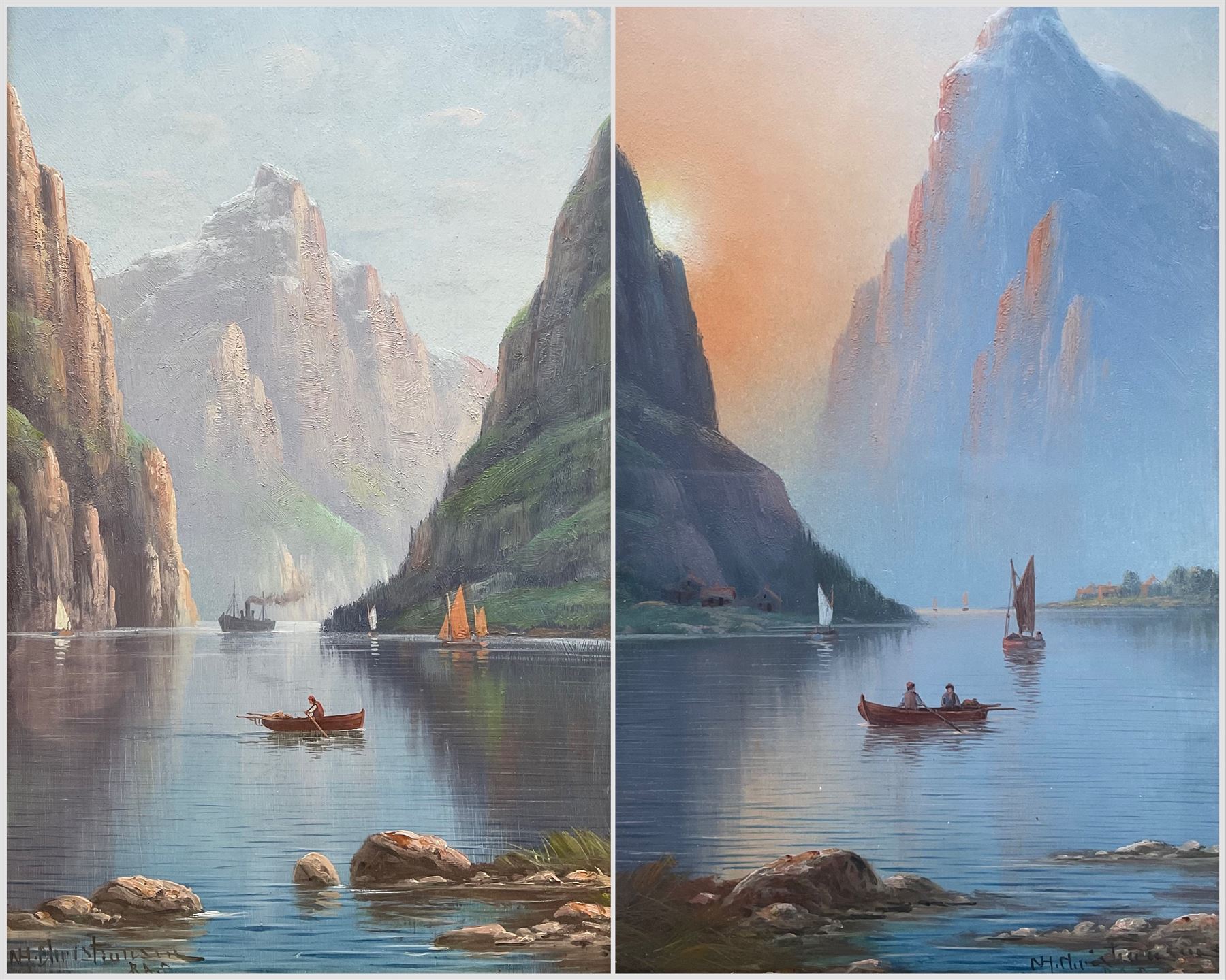 Nils Hans Christiansen (Denmark 1850-1922): Day and Eventide on the Fjords, pair oils on board signed 40cm x 22cm (2)
