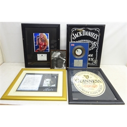  U2 - Island Records award presented to Richard Gray to recognise sales in the UK of more than 250,000 copies of the Island Single 'Desire' 1988 framed, Shakira signed photograph, with certificate of authenticity, framed, Elvis 30th Anniversary framed display, Jack Daniels & Guinness advertising prints etc  