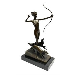 Art Deco style bronze, after 'Lorenzl', modelled as a nude female figure holding a bow, with two dogs, with foundry mark, including base H33cm