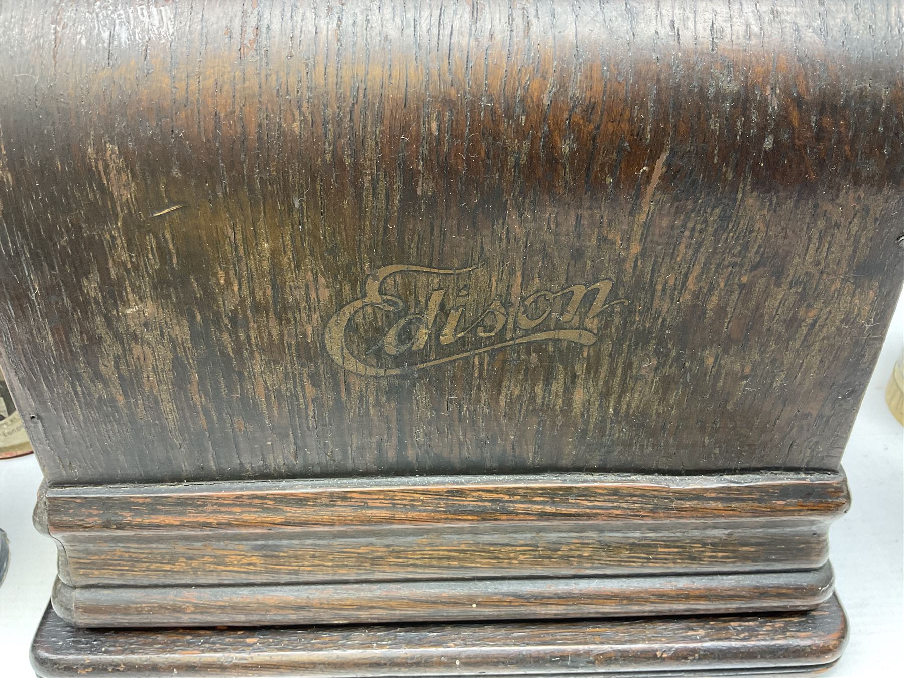 Edison Gem wind up phonograph, serial number 255655, with horn and eight cylinders, H21cm