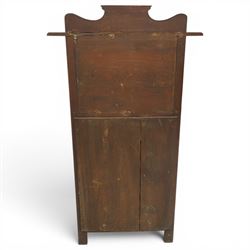 Shapland & Petter of Barnstaple - Arts & Crafts mahogany tile-backed umbrella or stick hall-stand, model no.114, the shaped back with single shelf over an Art Nouveau embossed patinated copper panel and turquoise tiled back, with turned supports and dividers over inset metal drip tray

Notes: A comparable Shapland & Petter stick stand of this model is recorded in Daryl Bennett, Shapland & Petter Ltd of Barnstaple, Museum of Barnstaple and North Devon, p.84, cat. no.5.37, and the model is also listed in Bennett, Liberty’s Furniture 1875-1915, p.298, cat. no.8.6. Examples of this model are known to have been retailed by Liberty & Co.