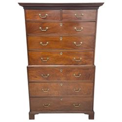 George III figured mahogany chest-on-chest, projecting moulded cornice over two short and six long graduating cock-beaded drawers, on bracket feet