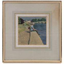 Alfred Heyworth (British 1926-1976): Summer Afternoon - Fishing on the Riverside, watercolour signed 21cm x 21cm 