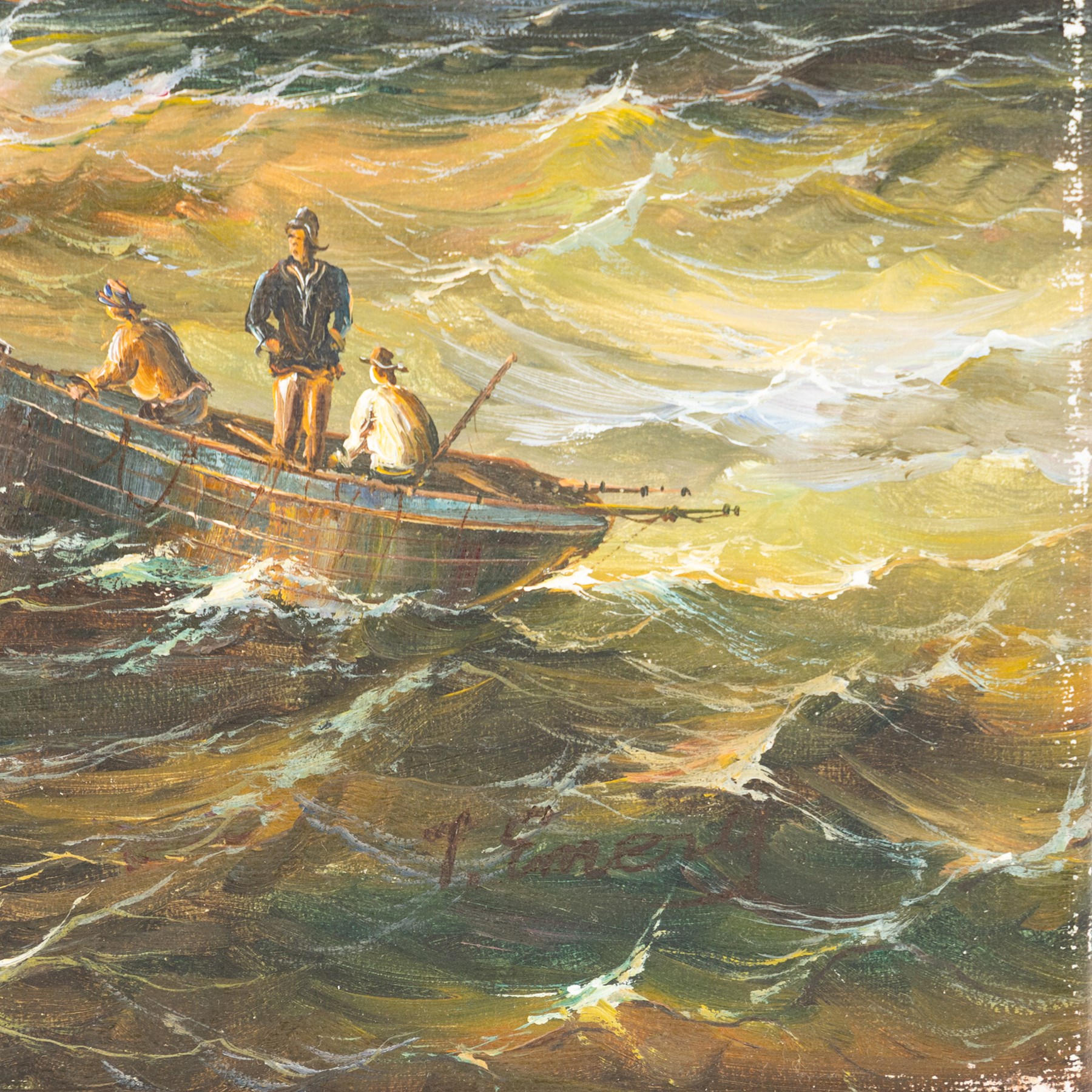 T Emerson (British 20th century): Sailboat on Choppy Seas - possibly Flamborough, oil on canvas faintly signed 51cm x 61cm (unframed)
