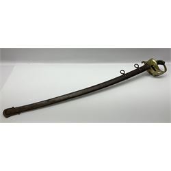 19th Century German (Saxony) Cavalry Sword, the 90.5cm single edge curved steel blade with narrow fuller to the back edge at each side, engraved with a crowned AR monogram and coat of arms, stamped with crowned AR, the back edge engraved C.v Keller im Solingen 1862, the brass half basket hilt with three flat curved bars, applied badge missing, marked G.R. 4, with ribbed leather covered grip and leather finger strap; in steel scabbard with two fixed suspension rings to one side and stamped G.R. II 118; L109.5cm overall