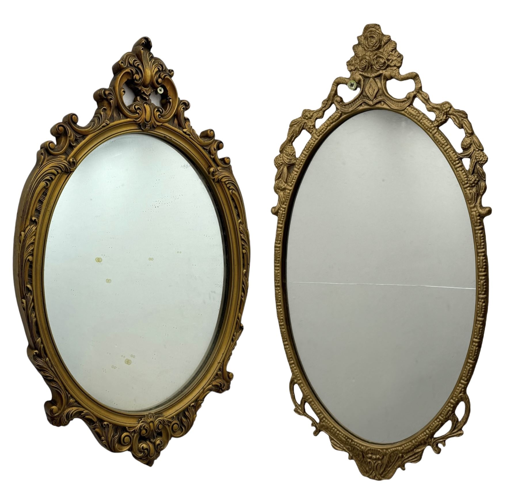 Giltwood oval wall mirror with carved Rococo-style frame, scrolling acanthus leaves and pierced crest (H71cm); smaller oval mirror with floral pattern and openwork scrolls, surmounted by a rose crest (H54cm)