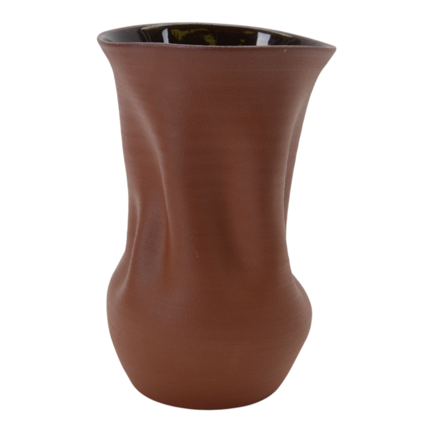 Nicholas Arroyave Portela (c1972-): earthenware vase with ribbed and crumpled surface covered in terracotta glaze to the exterior and brown glaze to the interior, impressed NAP mark, H22cm