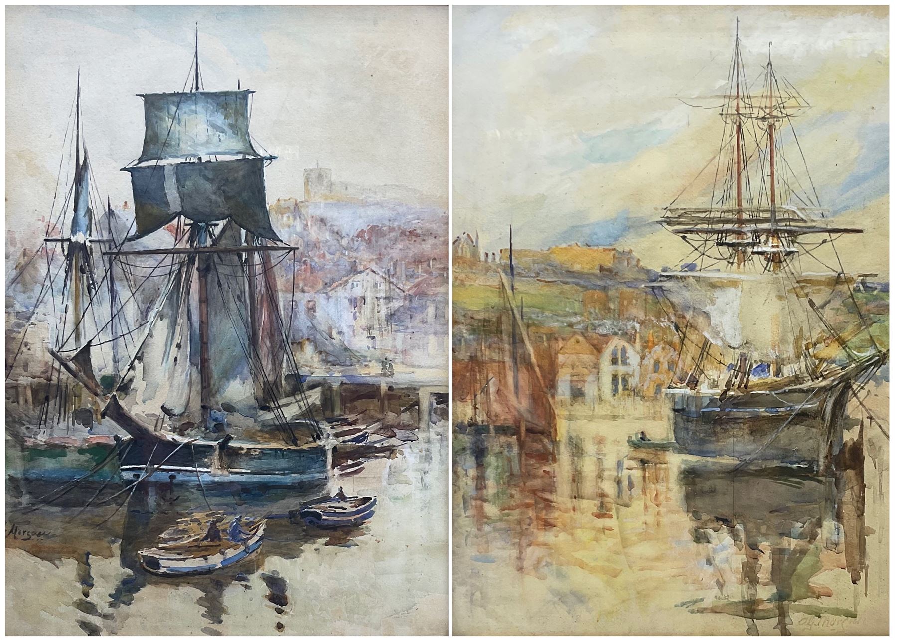 Alfred George Morgan (British 1848-1930): Whitby Harbour, pair watercolours signed 46cm x 33cm (2)