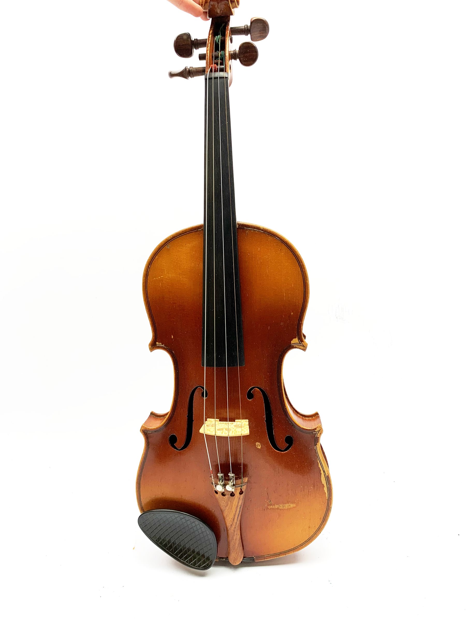  Maidstone School violin c1930 with 36cm two-piece maple back and spruce top, bears label 'The Maidstone School Orchestra Association 463 Oxford Street London Made in Czechoslovakia', L59cm overall, in carrying case  