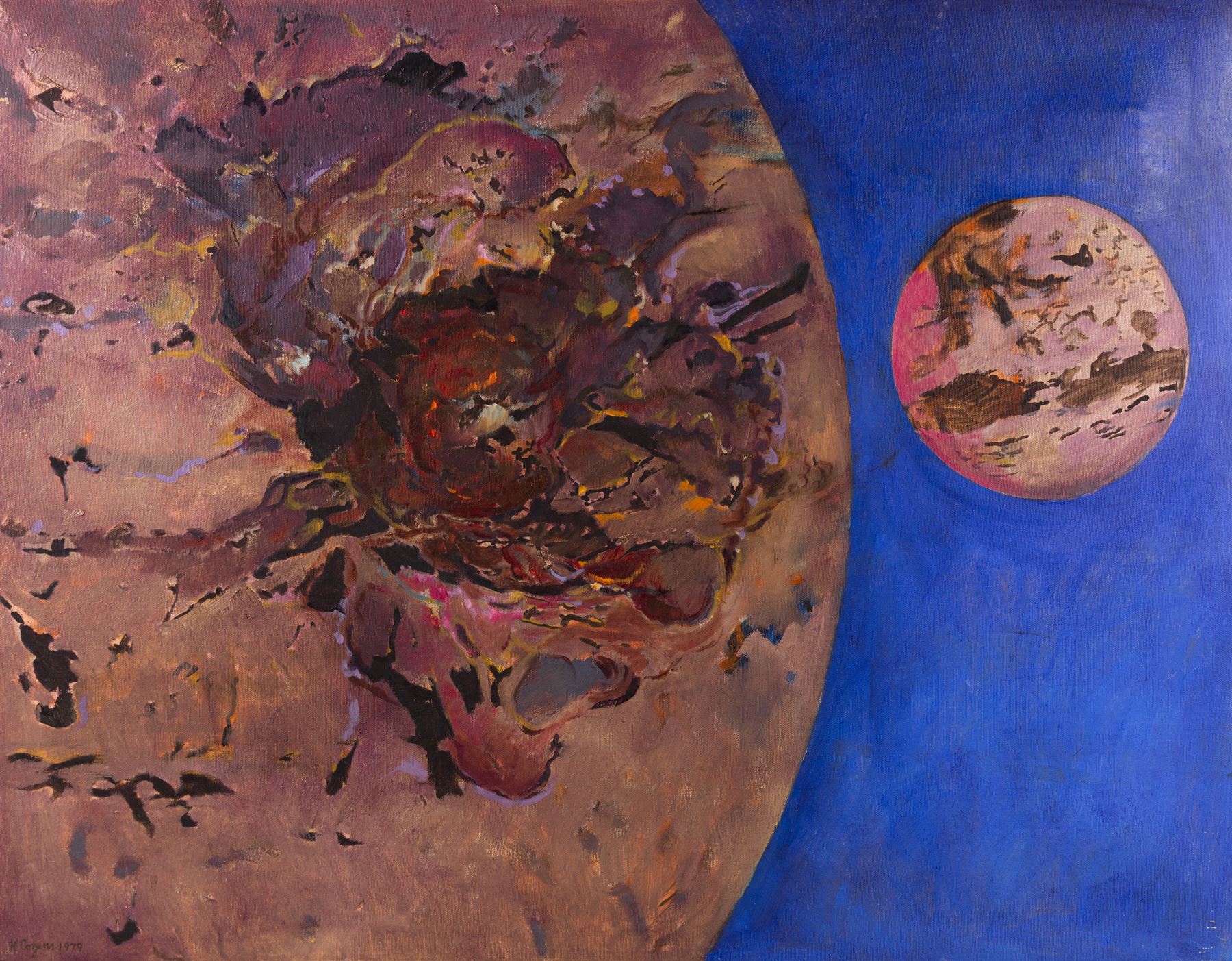 Kenneth Cozens (British 1920-2000): 'Genisis' and 'Red Planet', set of two oils on canvas signed and dated 1979, titled verso max 70cm x 91cm (2)