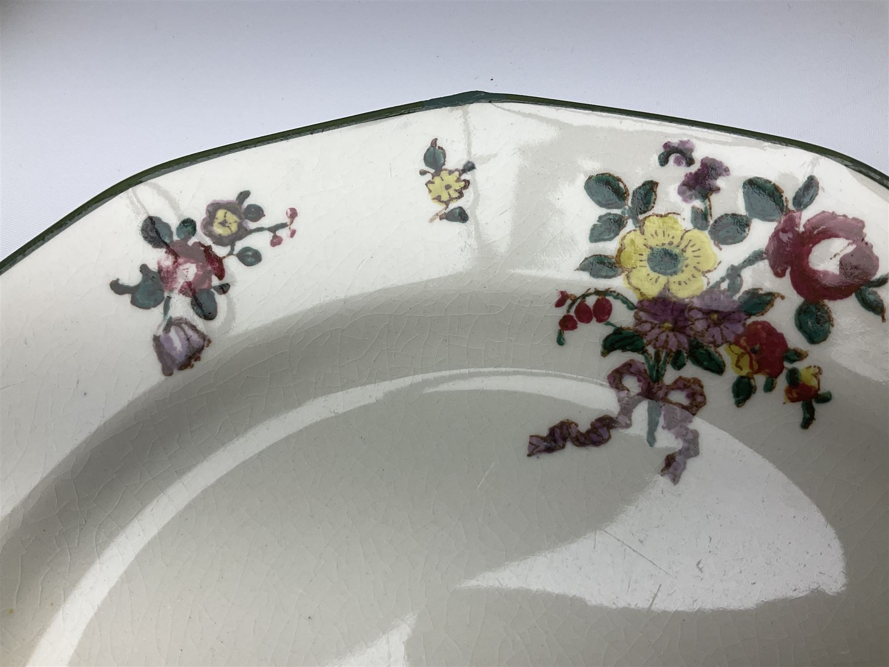 Royal Doulton part dinner service in Old Leeds Sprays pattern,  to include cheese dome, teapot and stand, egg cups etc, together with a selection of floral doilies.  