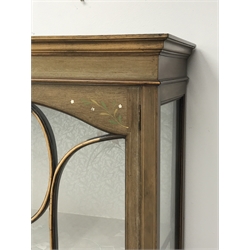 *Edwardian inlaid mahogany display cabinet, astragal glazed door painted with foliate enclosing two fixed shelves, square tapering out splayed supports, W63cm, H161cm, D33cm