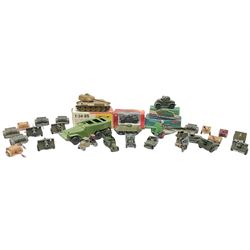 Various Makers - military vehicles comprising Schuco Kubelwagen and two Russian tanks, all boxed; and quantity of unboxed and playworn models including five Crescent Field Guns and Ammunition Limbers, Crescent Heavy Rescue Crane, Johilco Mobile Searchlight, Britains German Army BMW Combination, two Skybirds trucks etc; and a tin-plate armoured car.
