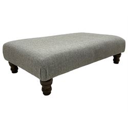 Interiors at Nine to Eleven - traditional rectangular footstool, the padded seat upholstered in neutral grey 'Harris Tweed' fabric, raised on turned feet