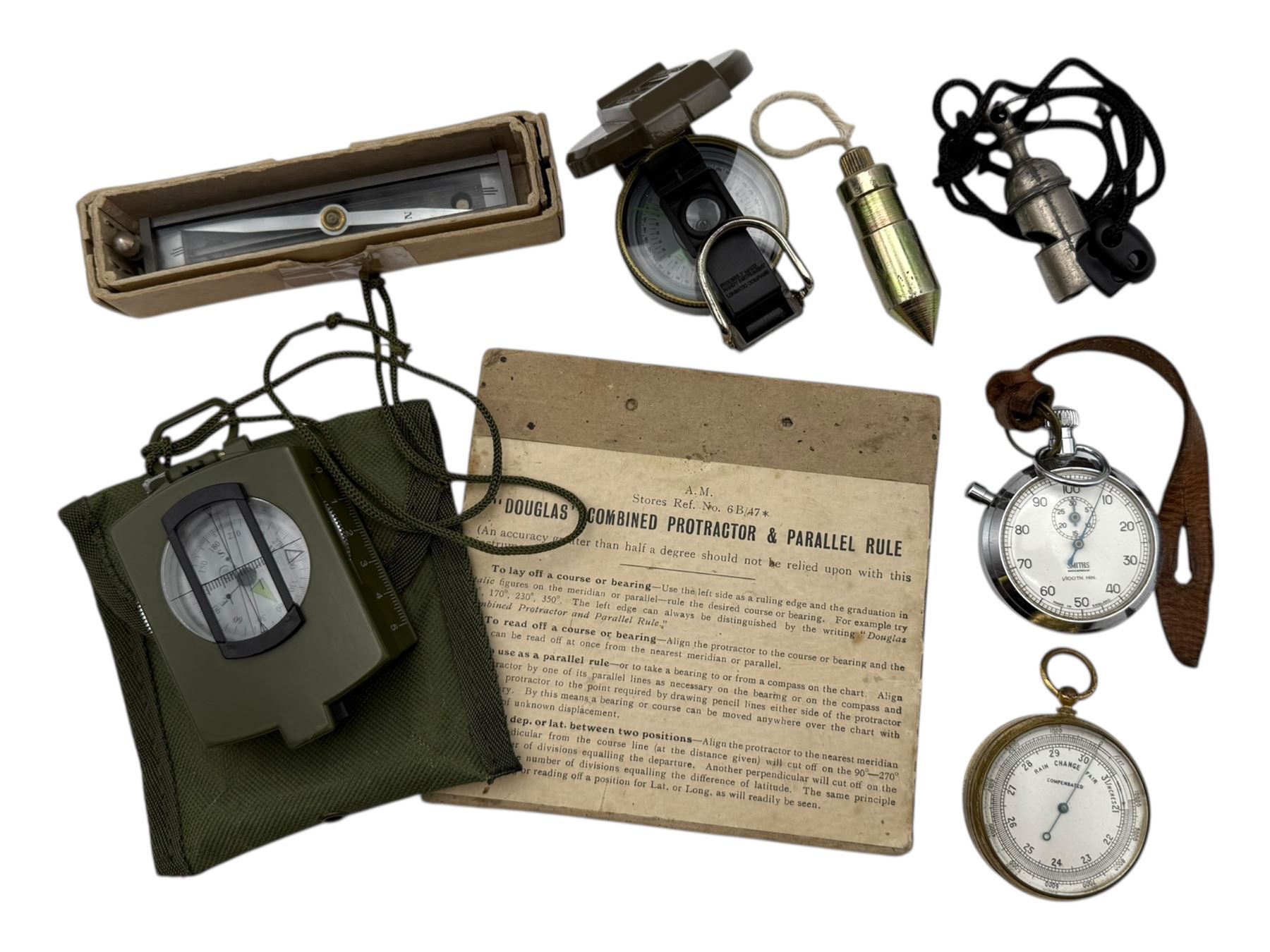 Trough compass and two other modern hand held compasses, compensated barometer, Smiths stop watch, Douglas combined protractor and parallel rule, etc