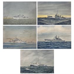 Commander Eric Erskine Campbell Tufnell RN (British 1888-1979): 'HMS Essington', 'HMS Vanguard', 'HMS Galatea', 'HMS Humber', and 'HMS Burnham', set five watercolours heightened in white signed and titled 26cm x 37cm (5)